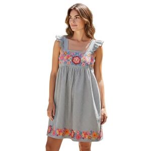Savanna Jane Blue White‎ Striped Floral Embroidered Ruffle Dress Medium Boho (A)